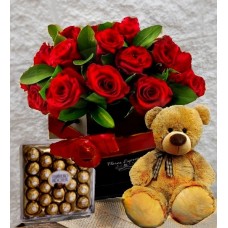 COMBO BOX 12 ROSES, PLUSH AND LARGE FERRERO!!